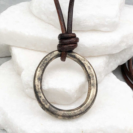 Deep Burnished Variegated Golden Bronze Oval Celtic Ring Money Leather Necklace