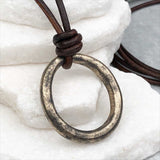Deep Burnished Variegated Golden Bronze Oval Celtic Ring Money Leather Necklace