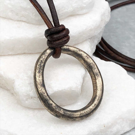 Deep Burnished Variegated Golden Bronze Oval Celtic Ring Money Leather Necklace