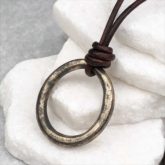 Deep Burnished Variegated Golden Bronze Oval Celtic Ring Money Leather Necklace