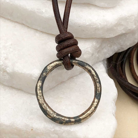Burnished Deep Golden Bronze Celtic Ring Money Leather Necklace