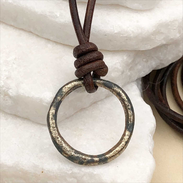 Burnished Deep Golden Bronze Celtic Ring Money Leather Necklace