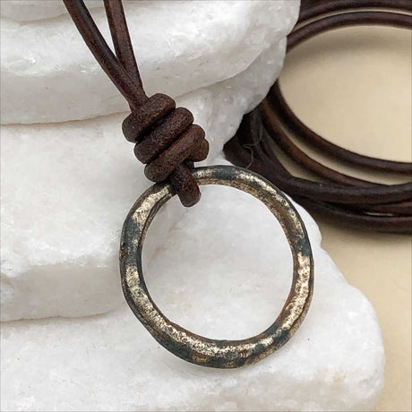 Burnished Deep Golden Bronze Celtic Ring Money Leather Necklace