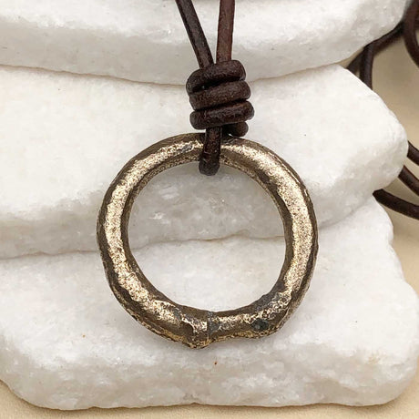 Thick Burnished Deep Golden Bronze Celtic Ring Money Leather Necklace