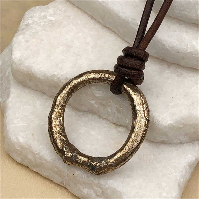 Thick Burnished Deep Golden Bronze Celtic Ring Money Leather Necklace