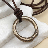 Thick Burnished Deep Golden Bronze Celtic Ring Money Leather Necklace