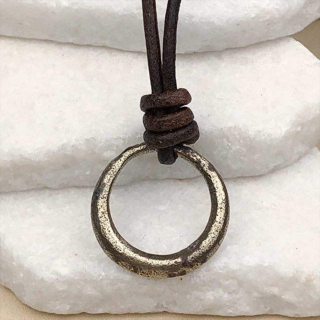 Raised Ridge Bright Golden Bronze Celtic Ring Money Leather Necklace