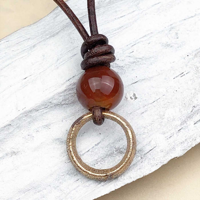 Bright Golden Bronze Celtic Ring Money with Carnelian Leather Necklace