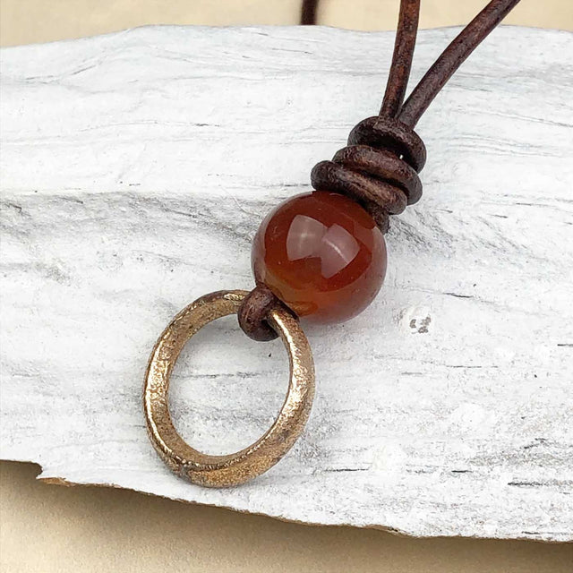 Bright Golden Bronze Celtic Ring Money with Carnelian Leather Necklace