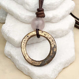 Flat Golden Red Bronze Celtic Ring Money with Rose Quartz Leather Necklace