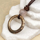 Flat Golden Red Bronze Celtic Ring Money with Rose Quartz Leather Necklace