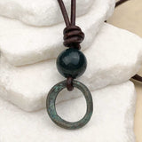 Deepest Green Bronze Celtic Ring Money with Bloodstone Leather Necklace