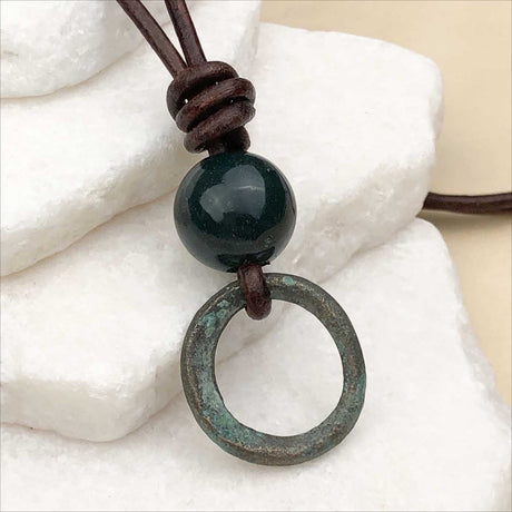 Deepest Green Bronze Celtic Ring Money with Bloodstone Leather Necklace