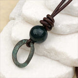 Deepest Green Bronze Celtic Ring Money with Bloodstone Leather Necklace