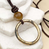 Large Bright Golden Bronze Celtic Ring Money and Citrine Leather Necklace