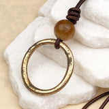 Large Bright Golden Bronze Celtic Ring Money and Citrine Leather Necklace