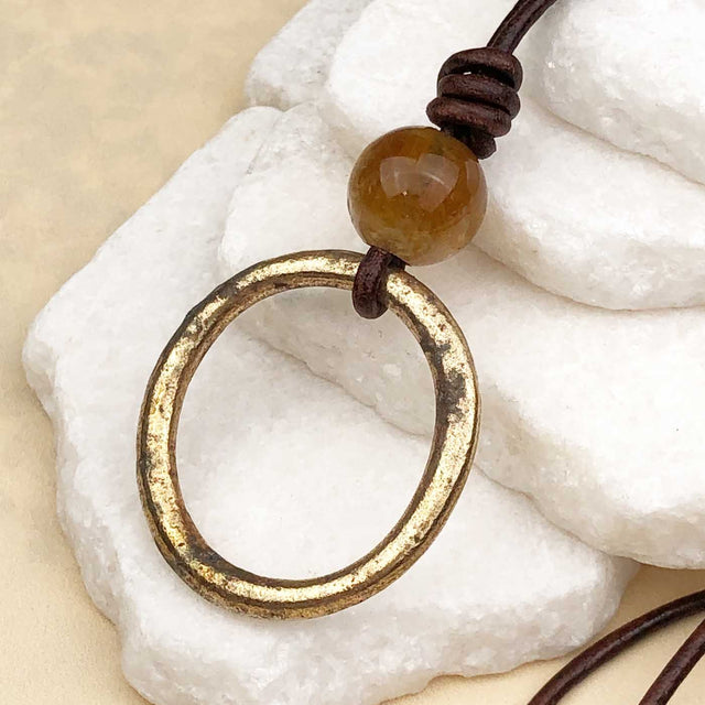Large Bright Golden Bronze Celtic Ring Money and Citrine Leather Necklace