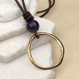 Large Red Golden Bronze Celtic Ring Money and Obsidian Leather Necklace