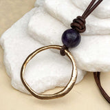 Large Red Golden Bronze Celtic Ring Money and Obsidian Leather Necklace