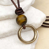 Rare Raised Ridge Golden Bronze Celtic Ring Money with Tigers Eye Leather Necklace