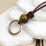 Rare Raised Ridge Golden Bronze Celtic Ring Money with Tigers Eye Leather Necklace