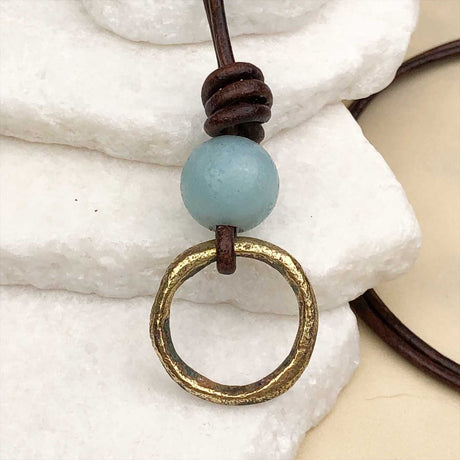 Deeper Golden Bronze Celtic Ring Money with Amazonite Leather Necklace