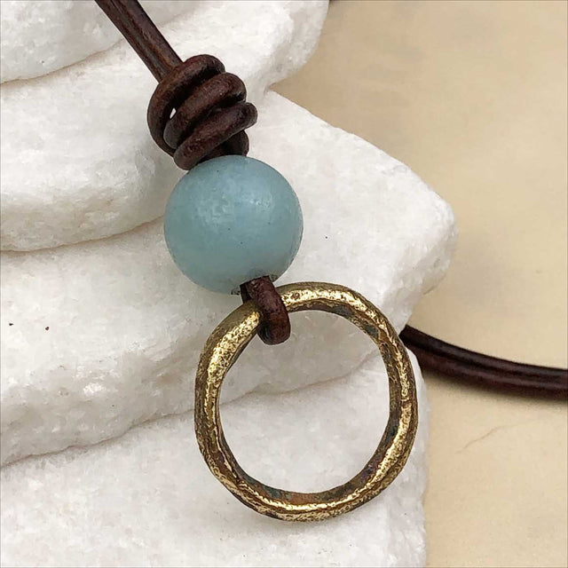 Deeper Golden Bronze Celtic Ring Money with Amazonite Leather Necklace