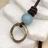 Deeper Golden Bronze Celtic Ring Money with Amazonite Leather Necklace