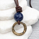 Raised Ridge Deeper Bronze Celtic Ring Money with Sodalite Leather Necklace