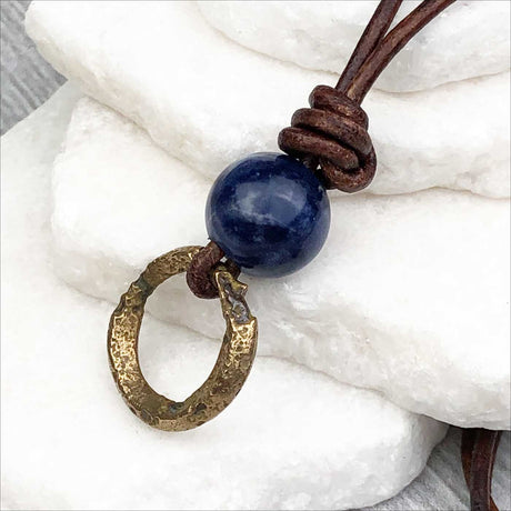 Raised Ridge Deeper Bronze Celtic Ring Money with Sodalite Leather Necklace