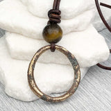 Large Variegated Golden Bronze Oval Celtic Ring Money and Tigers Eye Leather Necklace