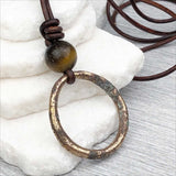 Large Variegated Golden Bronze Oval Celtic Ring Money and Tigers Eye Leather Necklace