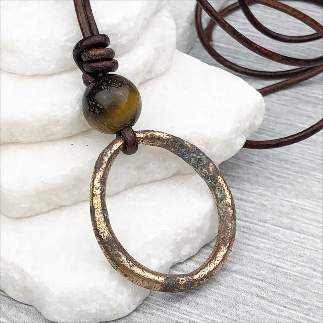 Large Variegated Golden Bronze Oval Celtic Ring Money and Tigers Eye Leather Necklace