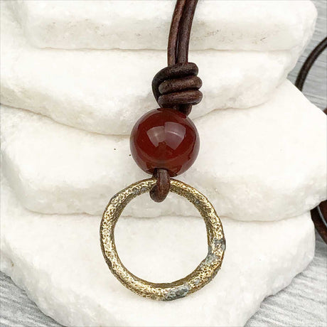 Raised Ridge Soft Bronze Celtic Ring Money with Carnelian Leather Necklace