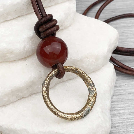 Raised Ridge Soft Bronze Celtic Ring Money with Carnelian Leather Necklace