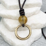 Bright Soft Bronze Celtic Ring Money with Citrine Leather Necklace