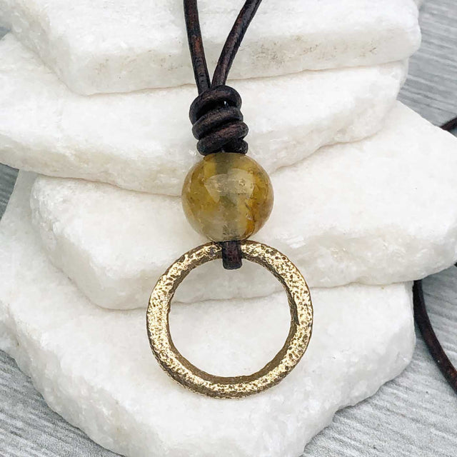 Bright Soft Bronze Celtic Ring Money with Citrine Leather Necklace