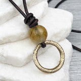 Bright Soft Bronze Celtic Ring Money with Citrine Leather Necklace