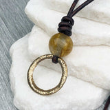 Bright Soft Bronze Celtic Ring Money with Citrine Leather Necklace