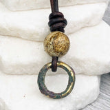 Green to Golden Bronze Celtic Ring Money with Picture Jasper Leather Necklace