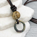 Green to Golden Bronze Celtic Ring Money with Picture Jasper Leather Necklace