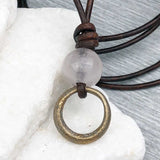 Deep Golden Raised Ridge Bronze Celtic Ring Money with Rose Quartz Leather Necklace