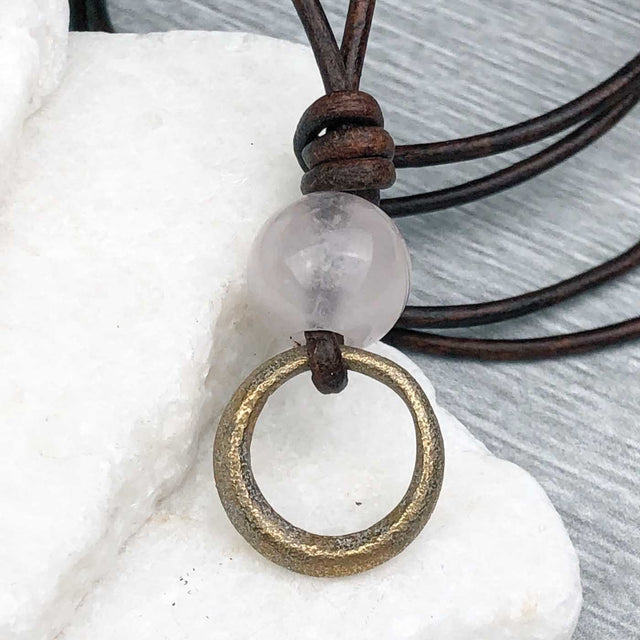Deep Golden Raised Ridge Bronze Celtic Ring Money with Rose Quartz Leather Necklace