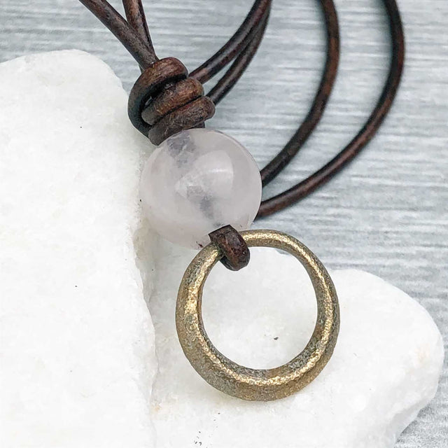 Deep Golden Raised Ridge Bronze Celtic Ring Money with Rose Quartz Leather Necklace