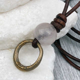 Deep Golden Raised Ridge Bronze Celtic Ring Money with Rose Quartz Leather Necklace
