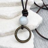 Raised Ridge Darkest Bronze Celtic Ring Money with Moonstone Leather Necklace