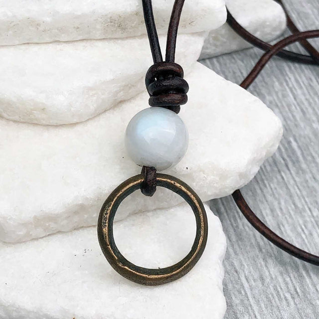 Raised Ridge Darkest Bronze Celtic Ring Money with Moonstone Leather Necklace