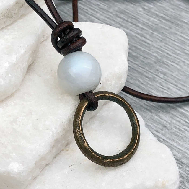 Raised Ridge Darkest Bronze Celtic Ring Money with Moonstone Leather Necklace