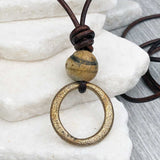 Glowing Golden Bronze Celtic Ring Money and Picture Jasper Leather Necklace