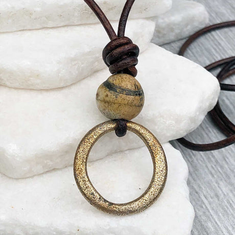 Glowing Golden Bronze Celtic Ring Money and Picture Jasper Leather Necklace